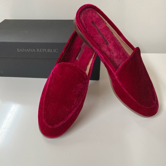 Demi Velvet Loafer Slides Faux fur Banana Republic Bright Magenta Pink Velvet - Picture 4 of 8